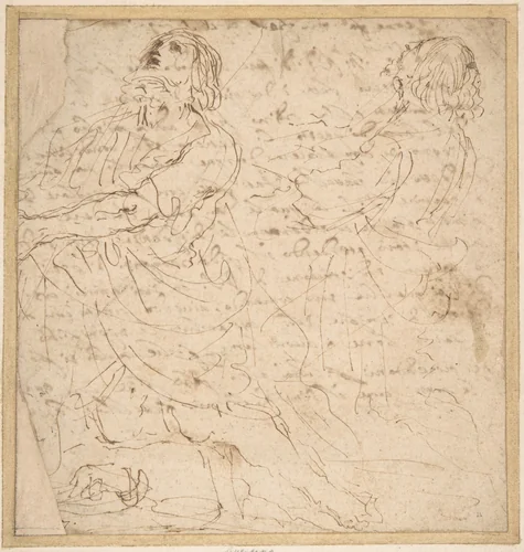 Two Studies of a Kneeling Male Figure (recto); Handwritten letter (verso) by Guercino, drawing, 1647-1657