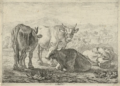 Drie runderen en een slapende herder by Pieter Bodding van Laer, print, 1636