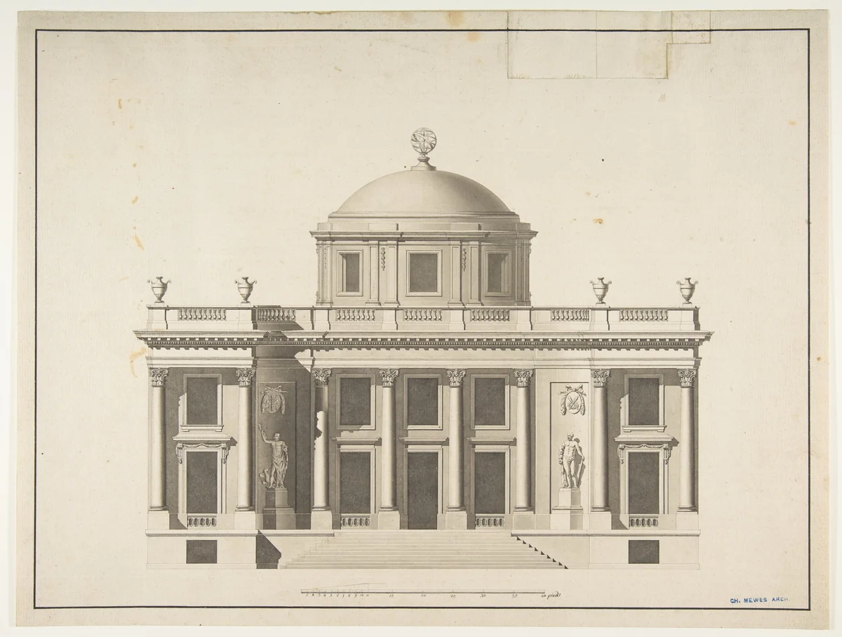 Project for a Domed Building with Colonnaded Façade by anonymous, drawing, 1770-1800