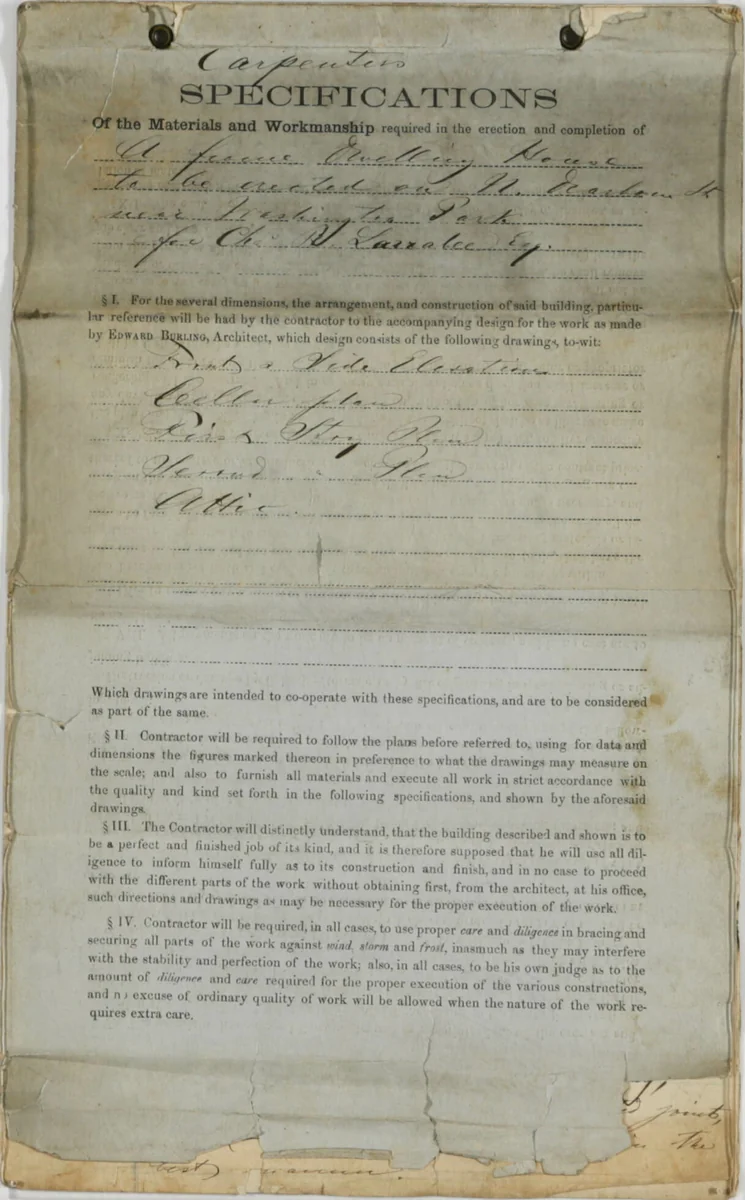 Charles R. Larrabee House, Chicago, Illinois, Carpenter's Specifications by Edward Burling, other, 1863-1864
