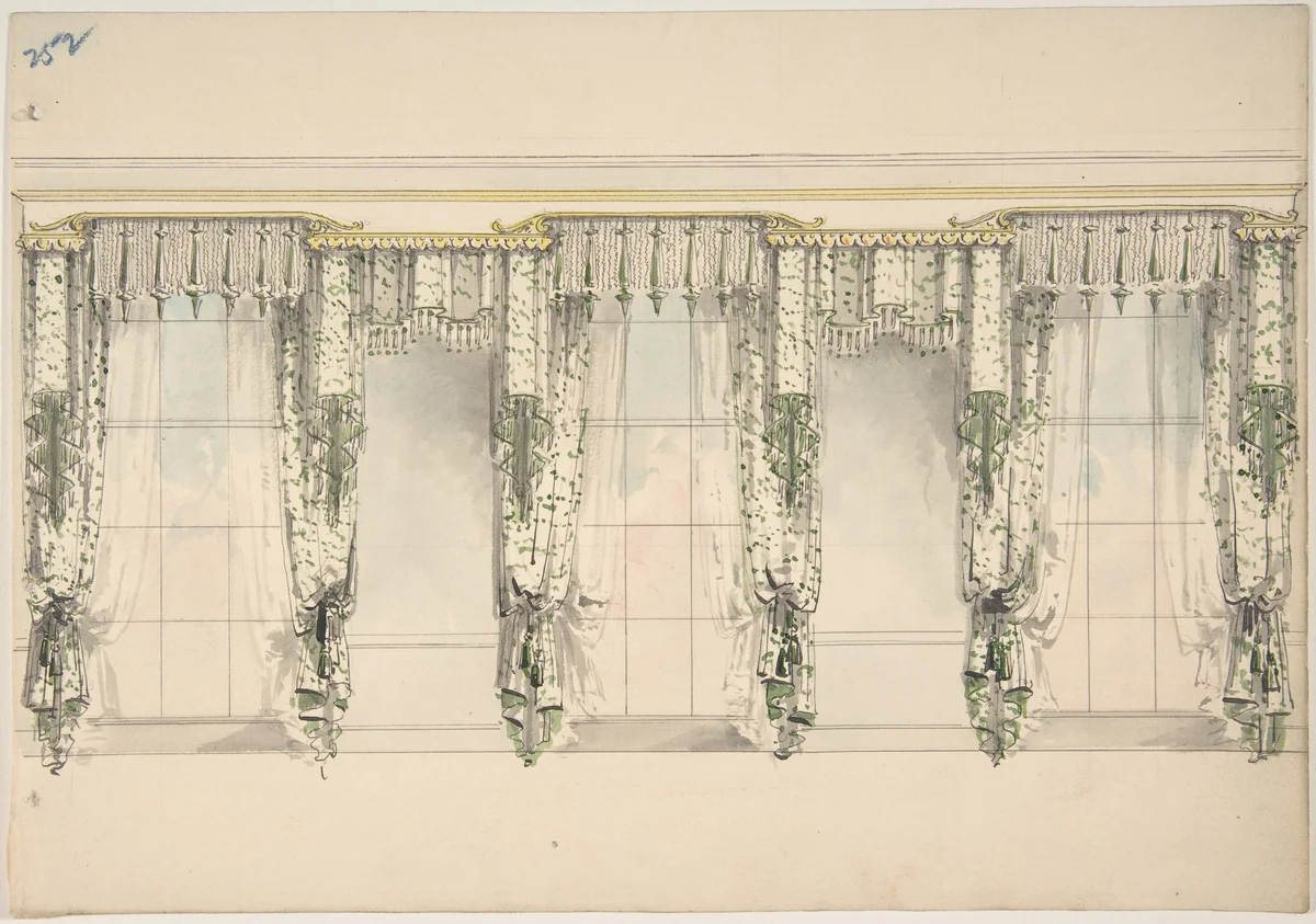Design for Green and White Curtains with Green Fringes, and White and Gold Pediments by anonymous, drawing, 1815-1825
