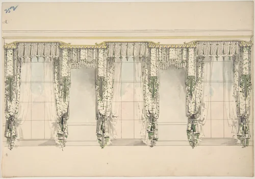 Design for Green and White Curtains with Green Fringes, and White and Gold Pediments by anonymous, drawing, 1815-1825