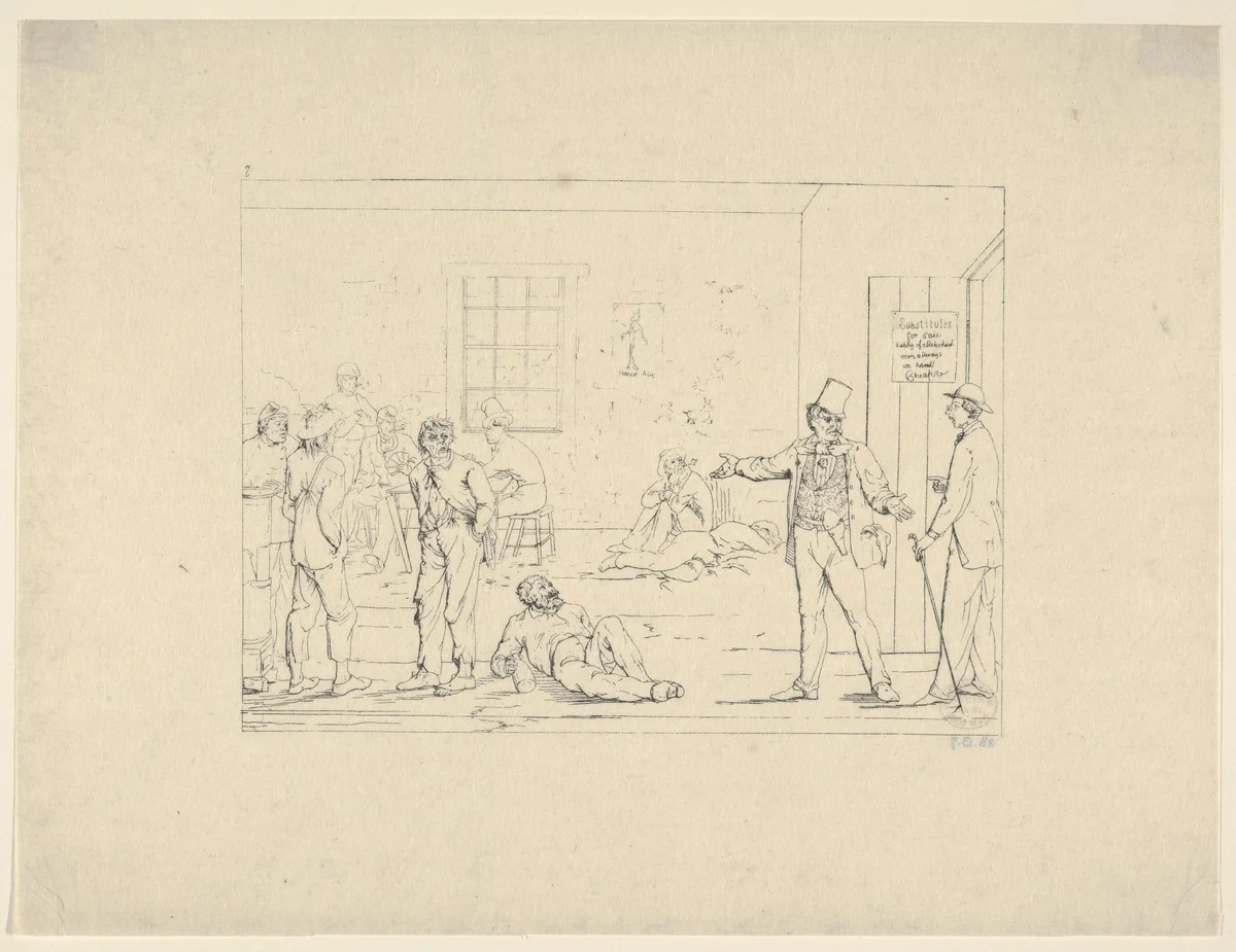 Buying a Substitute in the North during the War (from Confederate War Etchings) by Adalbert John Volck, print, 1861-1863