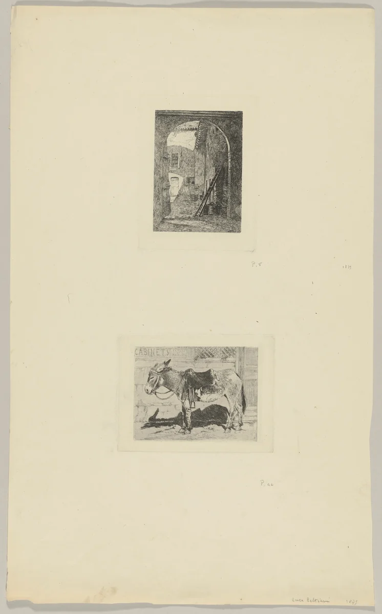 Lombard Farmhouse (above); Saddled Donkey Standing in Front of a Shop (below) by Luca Beltrami, print, 1872-1882