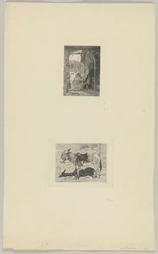 Lombard Farmhouse (above); Saddled Donkey Standing in Front of a Shop (below) by Luca Beltrami, print, 1872-1882