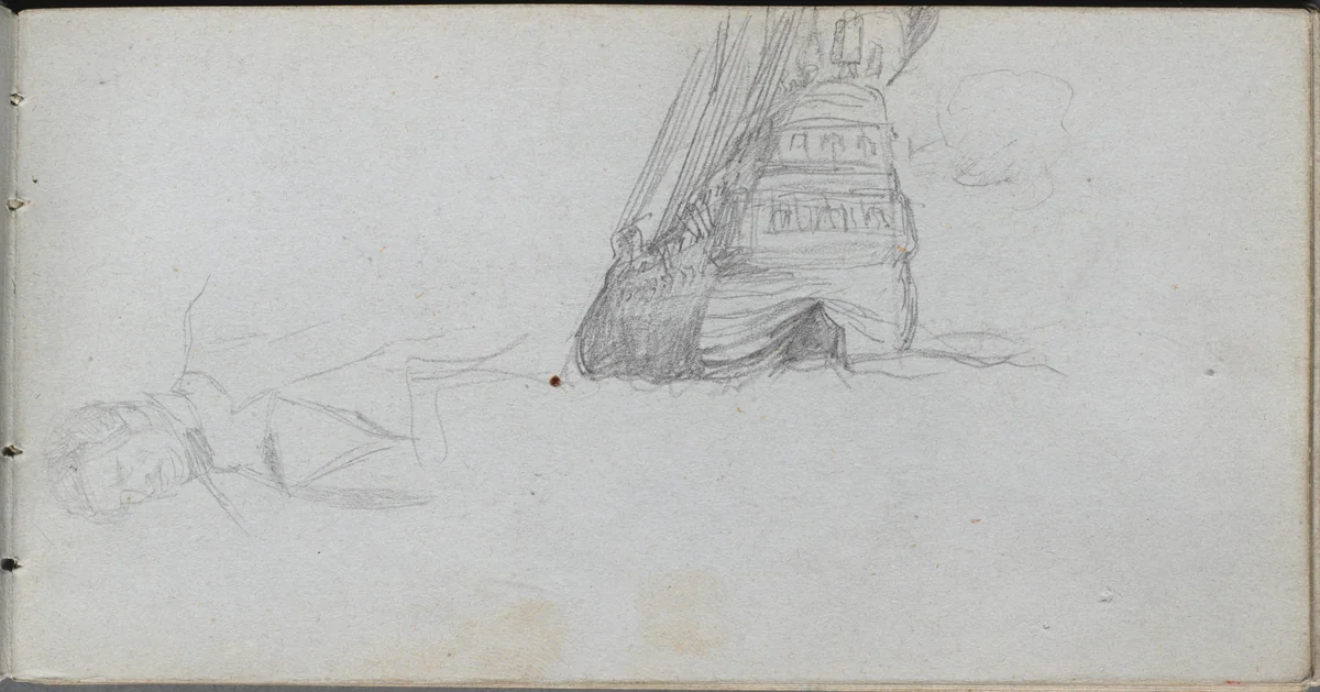 Sketchbook, page 84: Figure Study, Study of a Ship by Ernest Meissonier, book, 1860-1869