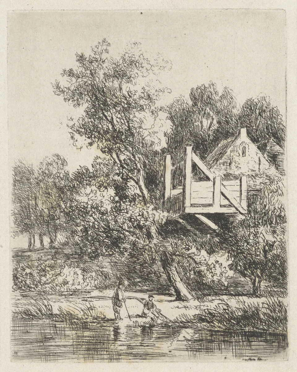 Bosgezicht met twee vissers bij een huis by Johannes Pieter van Wisselingh, print, 1860
