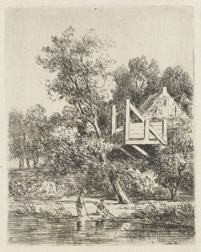 Bosgezicht met twee vissers bij een huis by Johannes Pieter van Wisselingh, print, 1860