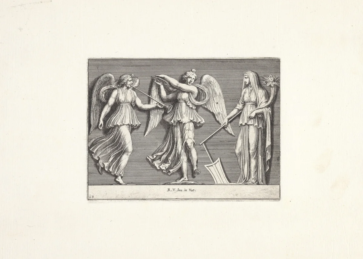 Twee engelen en een vrouwenfiguur by Pietro Sante Bartoli, print, 1645-1700