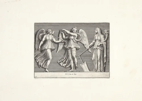 Twee engelen en een vrouwenfiguur by Pietro Sante Bartoli, print, 1645-1700