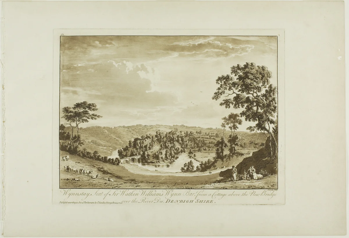 Wynnstay, Seat of Sir Watkin Williams Wynn Bart, from a Cottage above the New Bridge over the River Dee, Denbigh Shire, plate two from Twelve Views in North Wales by Paul Sandby, print, 1776