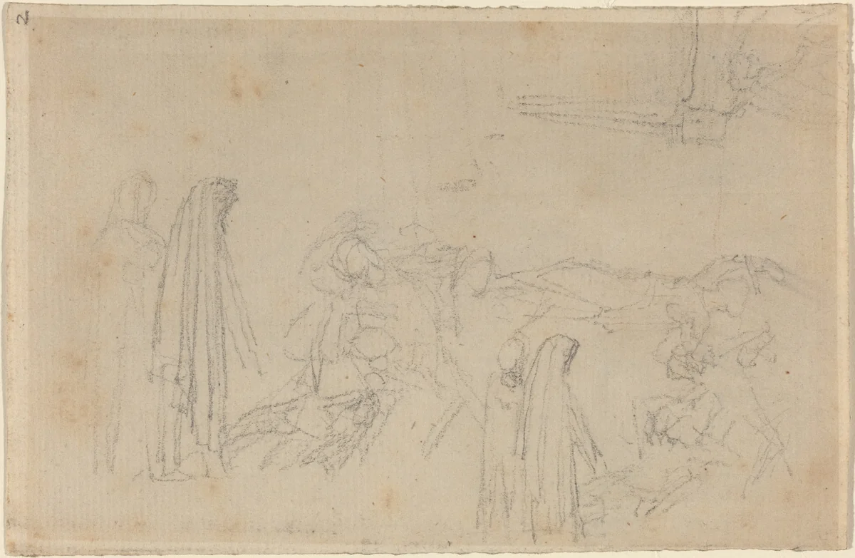 Sketches with a Hooded Figure (Virgil and Beatrice?) by John Flaxman, drawing, 1755-1826