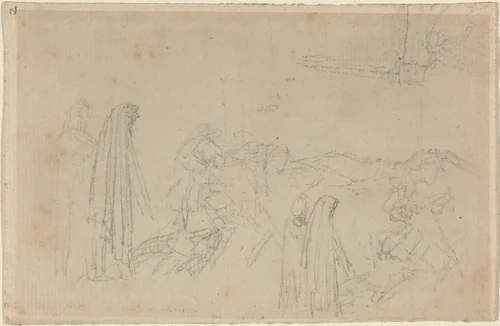 Sketches with a Hooded Figure (Virgil and Beatrice?) by John Flaxman, drawing, 1755-1826