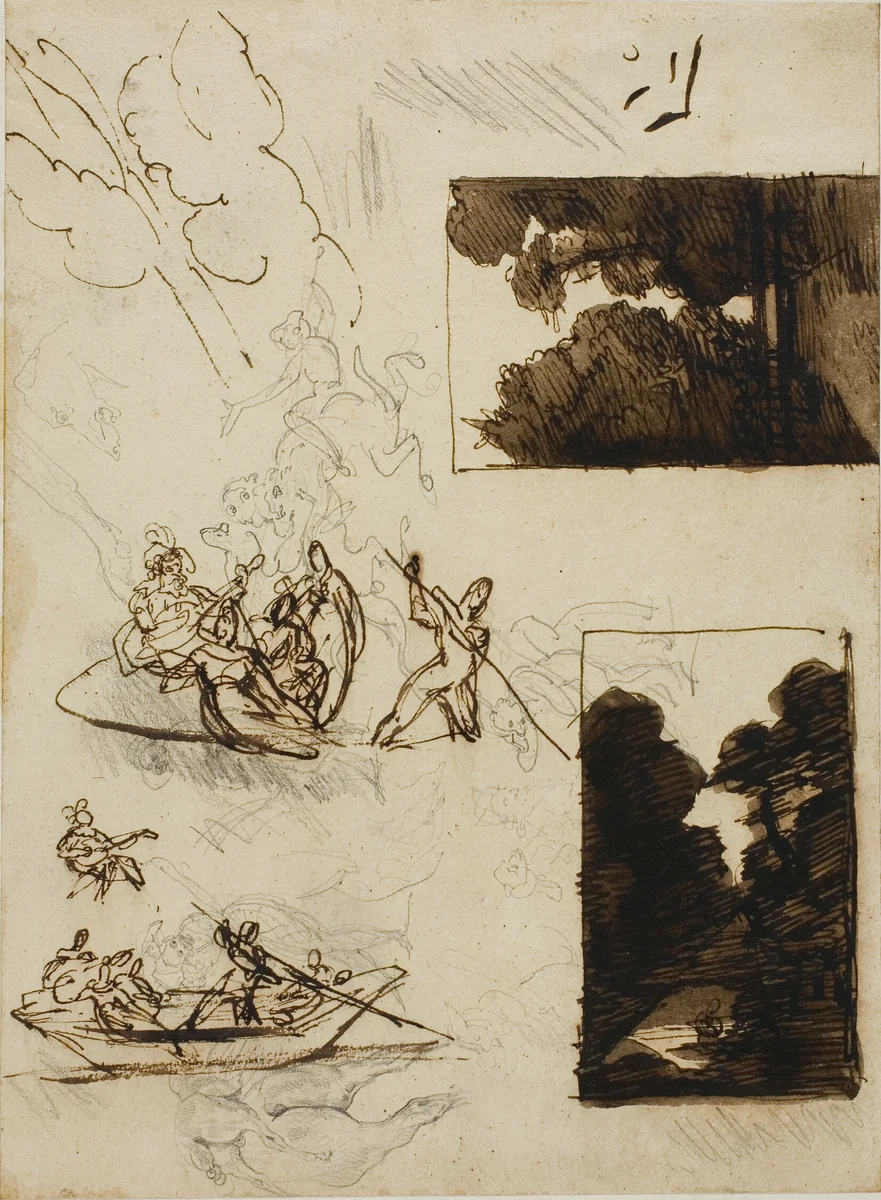 Sketches of a Forest Path and a Musical Boating Party by Jean Louis André Théodore Géricault, drawing, 1813-1814