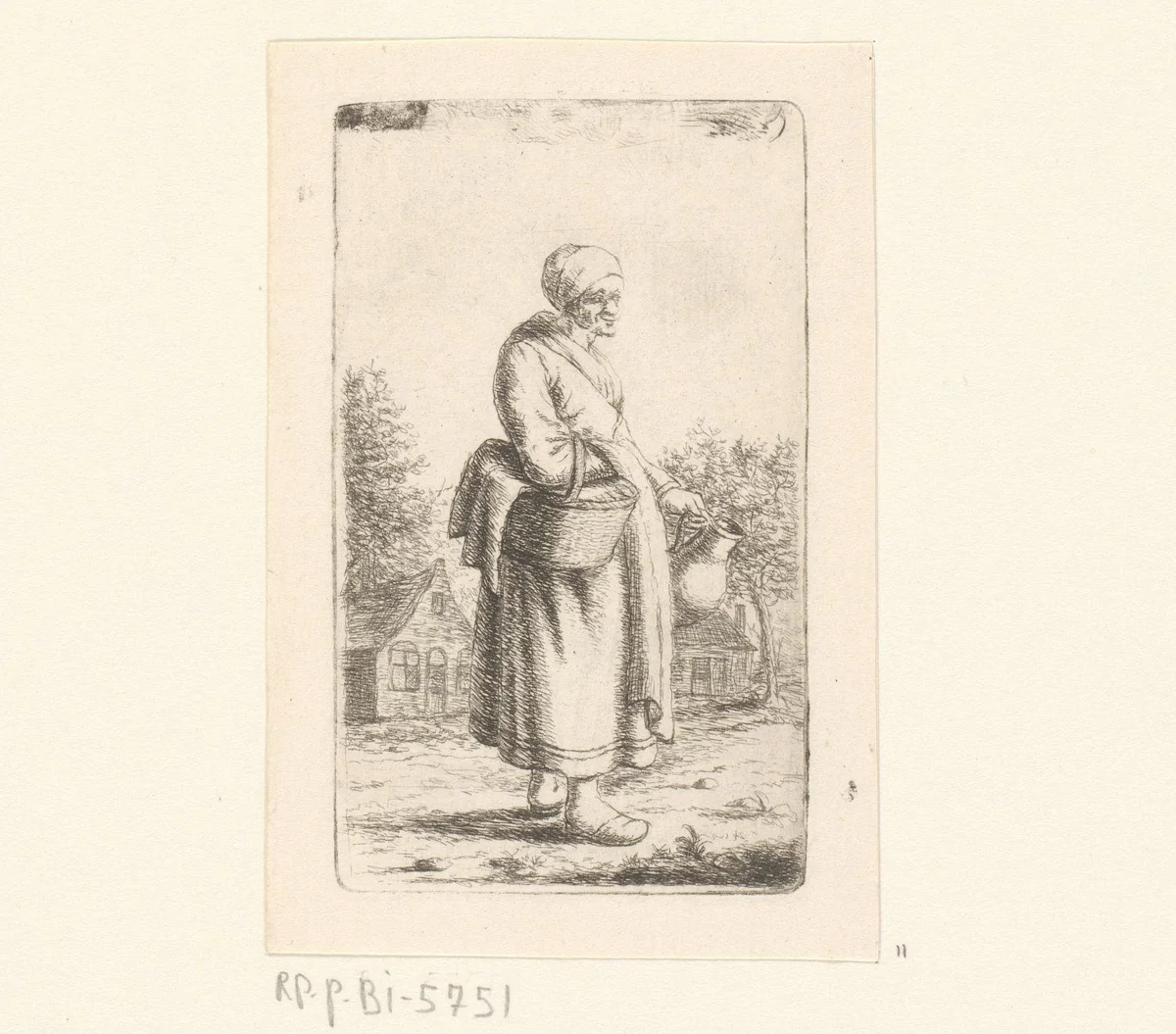 Oude vrouw met mand en kruik by Christina Chalon, print, 1758-1808