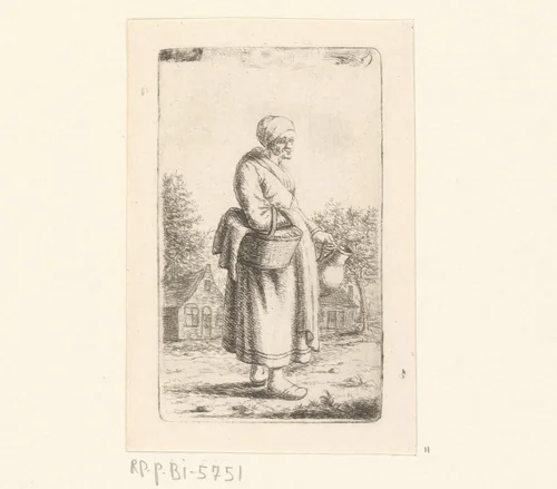 Oude vrouw met mand en kruik by Christina Chalon, print, 1758-1808