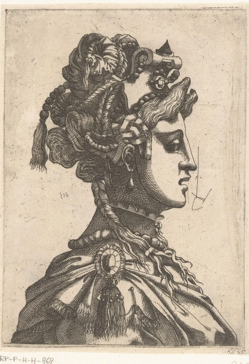 Vrouw met masker en fantasie hoofdbedekking by anonymous, print, 1535-1598