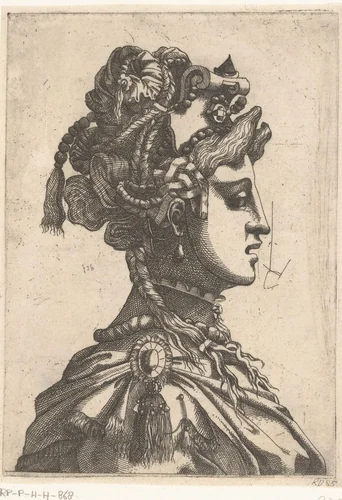 Vrouw met masker en fantasie hoofdbedekking by anonymous, print, 1535-1598