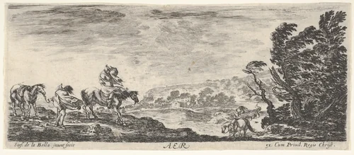 Air, a landscape during a hurricane, three horsemen battling the wind, a mass of trees to the right, from "The Four Elements" (Les Quatre Eléments) by Stefano della Bella, print, 1645-1650