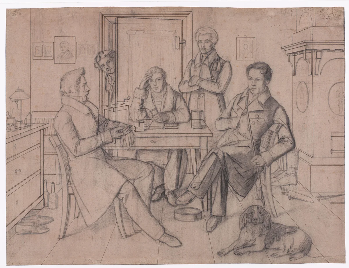 Studentenkamer met drie zittende en twee staande mannen by anonymous, drawing, 1800-1900