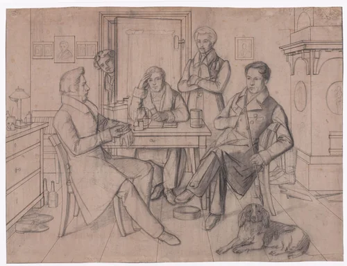 Studentenkamer met drie zittende en twee staande mannen by anonymous, drawing, 1800-1900