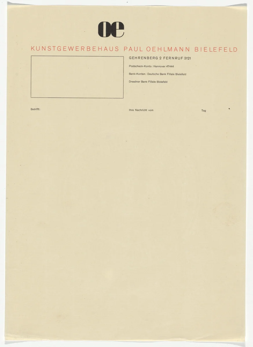 OE Kunstgewerbehaus Paul Oehlmann letterhead by Georg Trump, design, 1925