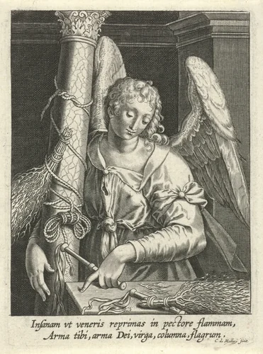 Engel met geselpaal en gesels by Unknown, print, 1581-1645