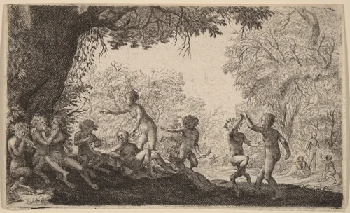 Bacchanal with a Dancing Couple on the Right by Willem Basse, print, 1613-1672