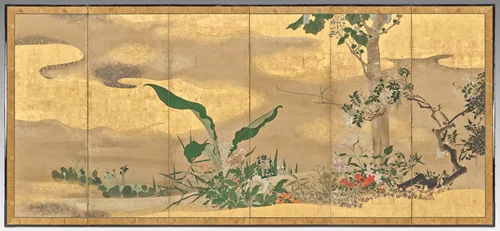 Flowers and Trees of the Four Seasons (right screen) by Watanabe Shikō (渡辺始興), painting, 1700-1725
