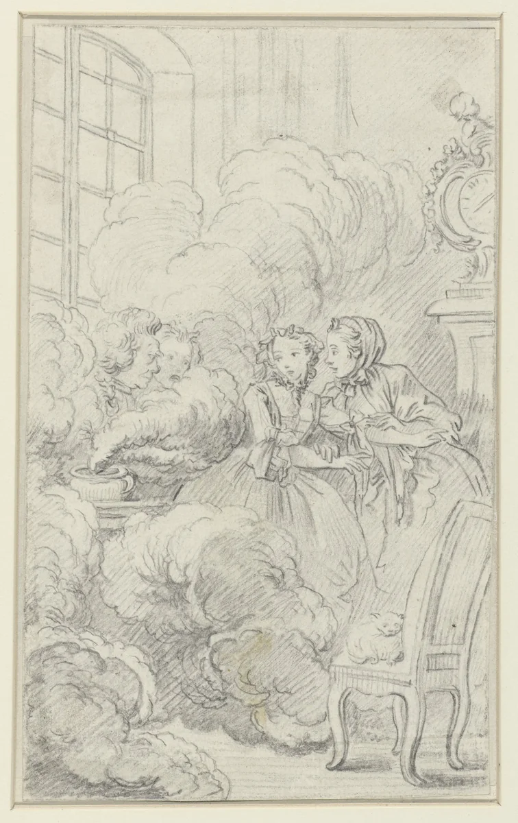Interieur met twee mannen en twee vrouwen bij een walmende pot by Charles Joseph Dominique Eisen, drawing, 1730-1778