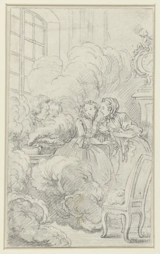 Interieur met twee mannen en twee vrouwen bij een walmende pot by Charles Joseph Dominique Eisen, drawing, 1730-1778