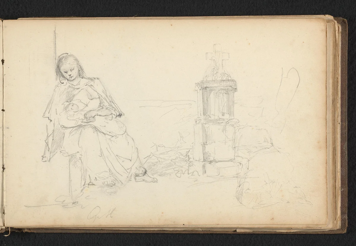Moeder met kind by Jan Bedijs Tom, drawing, 1823-1894
