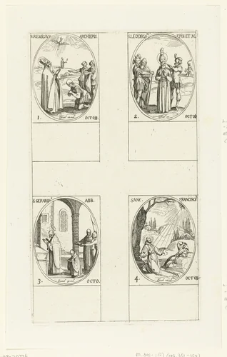 Heilige Remigius van Reims, Heilige Leodegard van Autun, Heilige Gerardus van Brogne, Heilige Franciscus van Assisi (1-4 oktober) by Jacques Callot, print, 1632-1636