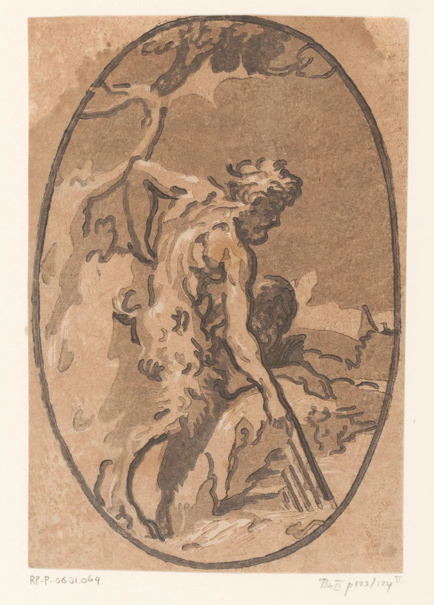 Marsyas die Minerva's panfluit vindt by Unknown, print, 1502-1532