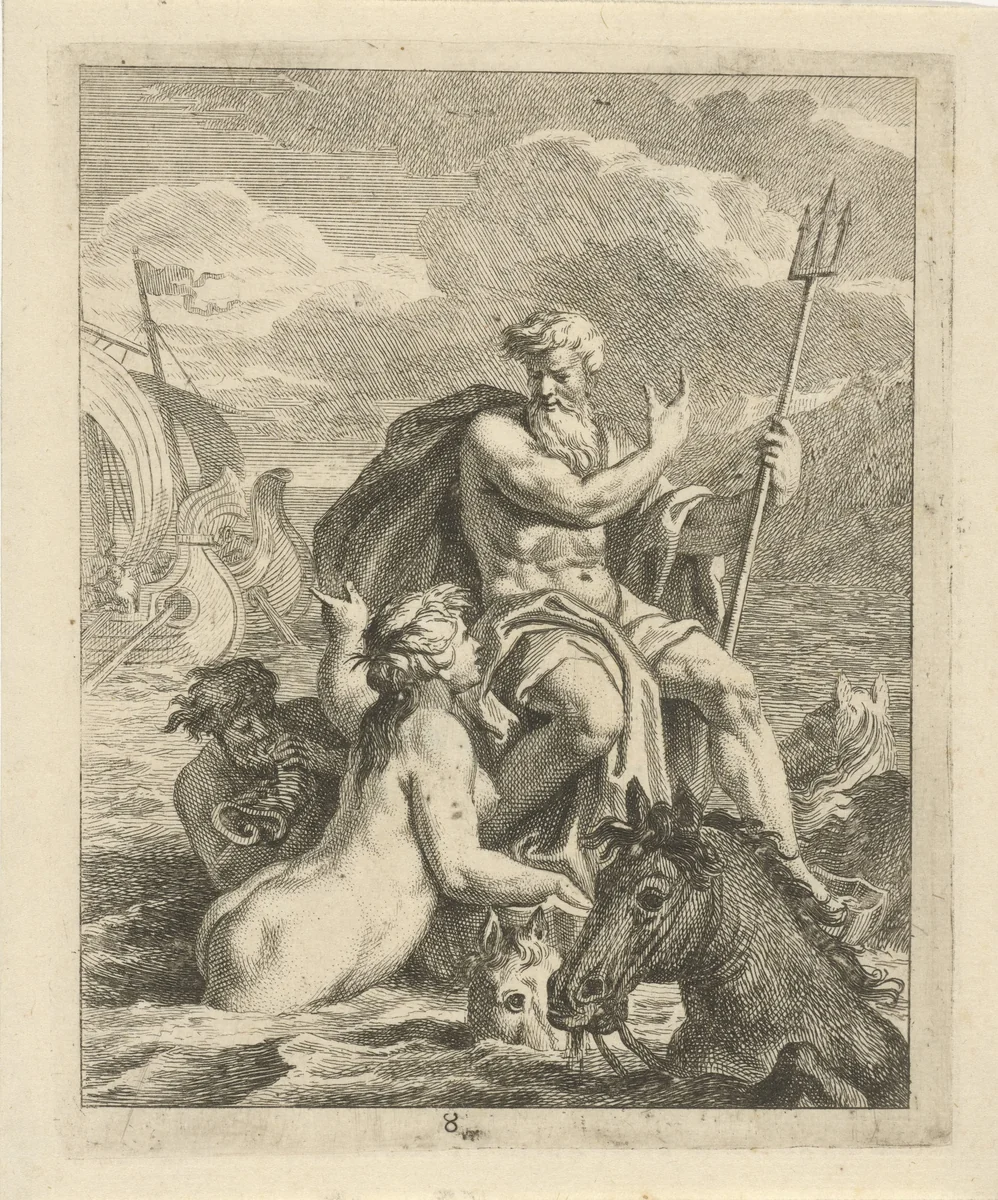 Zeelandschap met Thetis en Neptunus by J. Alexander Janssens, print, 1700