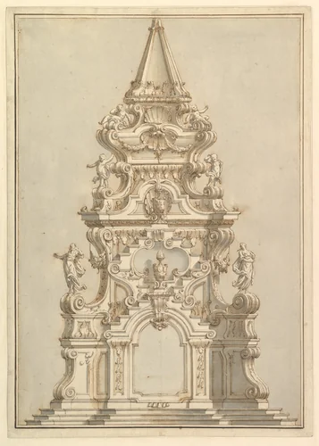 Elevation for a Catafalque Surmounted by Squat Obelisk, Decorated with Statues of Putti and Female Figures by Giuseppe Galli Bibiena, drawing, 1696-1756