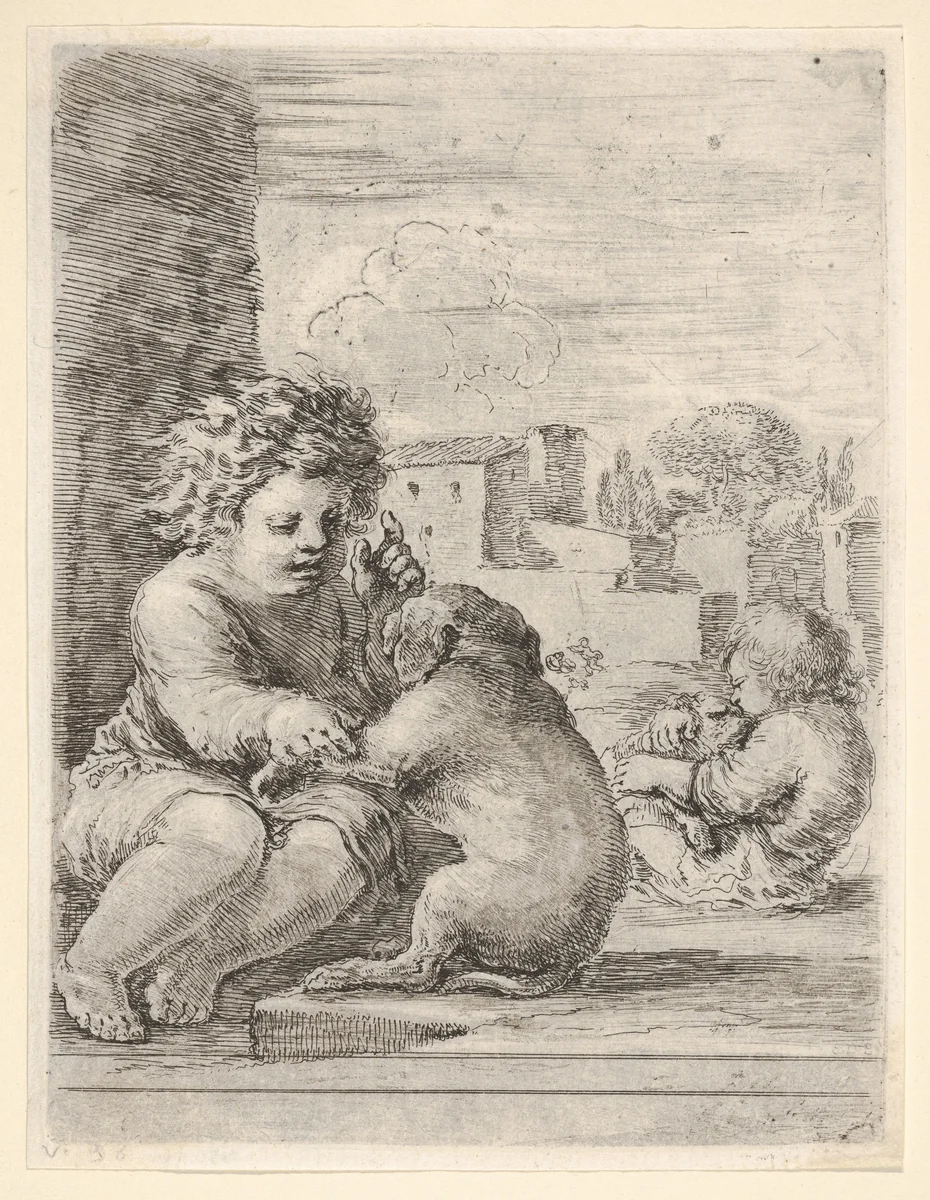 Child teaching a dog to sit, the child seated to left against a wall, teaching the dog to sit on its hind legs, another child embracing a dog to right in the background by Stefano della Bella, print, 1660-1664