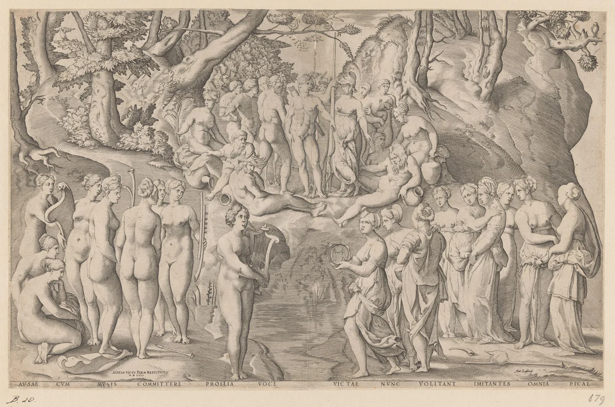 Wedstrijd tussen de Muzen en de Pierides by Unknown, print, 1553