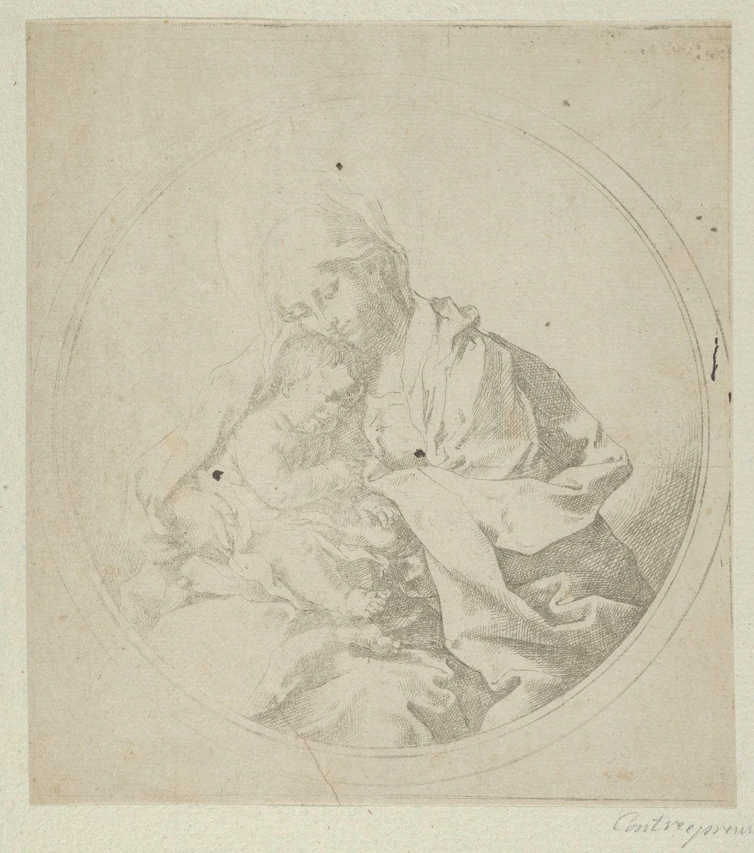 The Virgin holding the infant Christ, a circular composition, counterproof by Guido Reni, print, 1595-1645