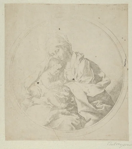 The Virgin holding the infant Christ, a circular composition, counterproof by Guido Reni, print, 1595-1645