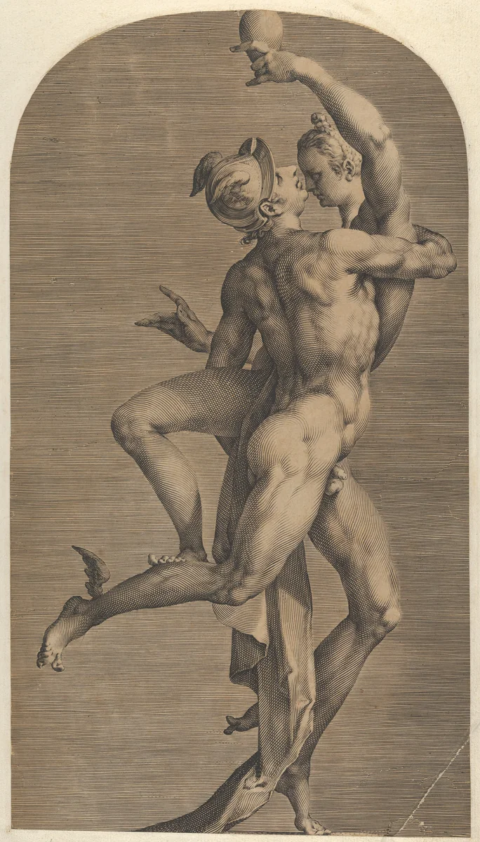 Mercury Abducting Psyche (lateral view Mercury's side), from a set of three views of the sculpture by Jan Muller, print, 1588-1598