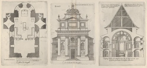 Floorplan, Façade and Cross Section of one of the Chapels at Château d'Anet, from "Les plus excellents bastiments de France" by Jacques Androuet du Cerceau, print, 1607
