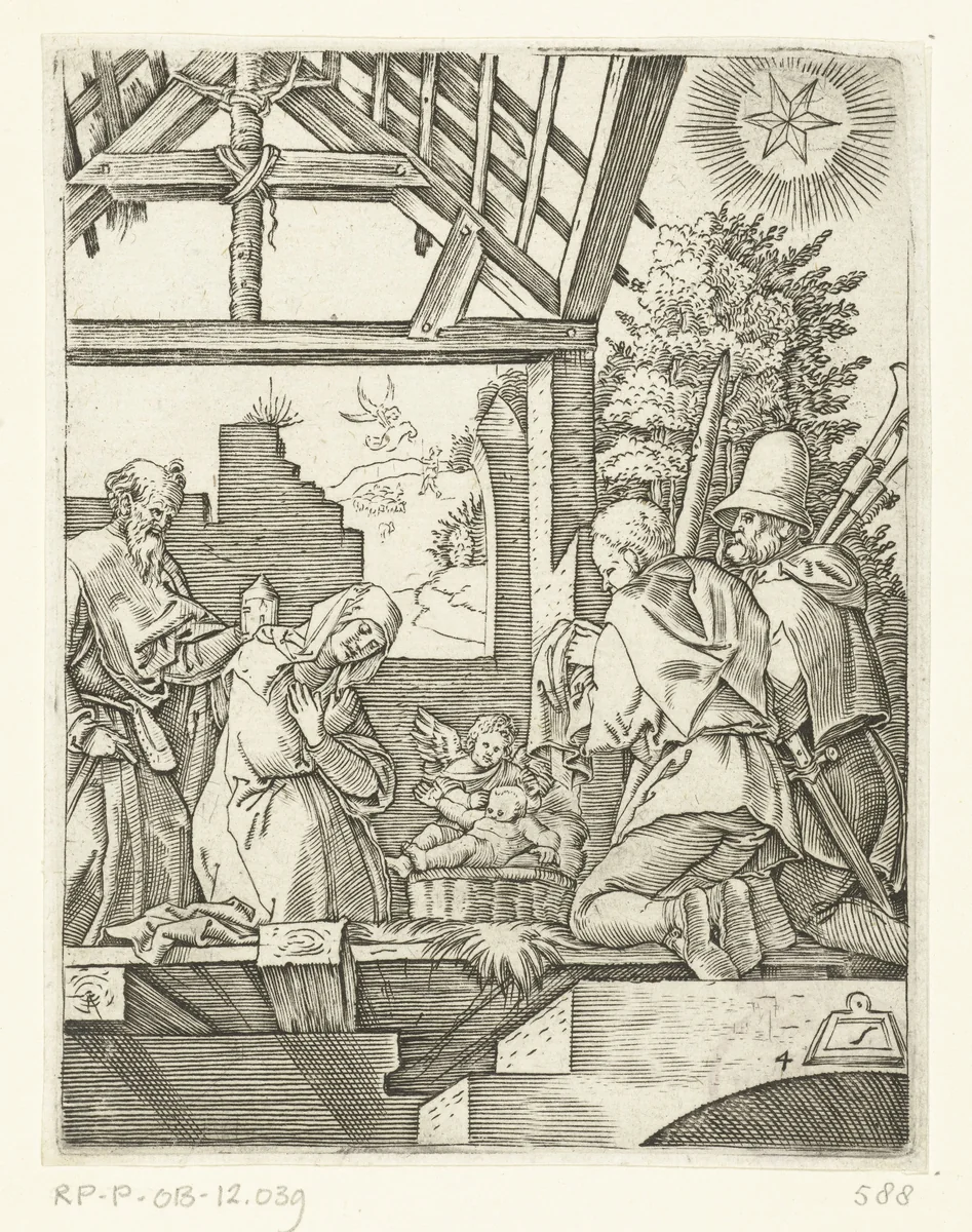 Herders knielen in aanbidding bij het Christuskind in de stal by Unknown, print, 1510-1515