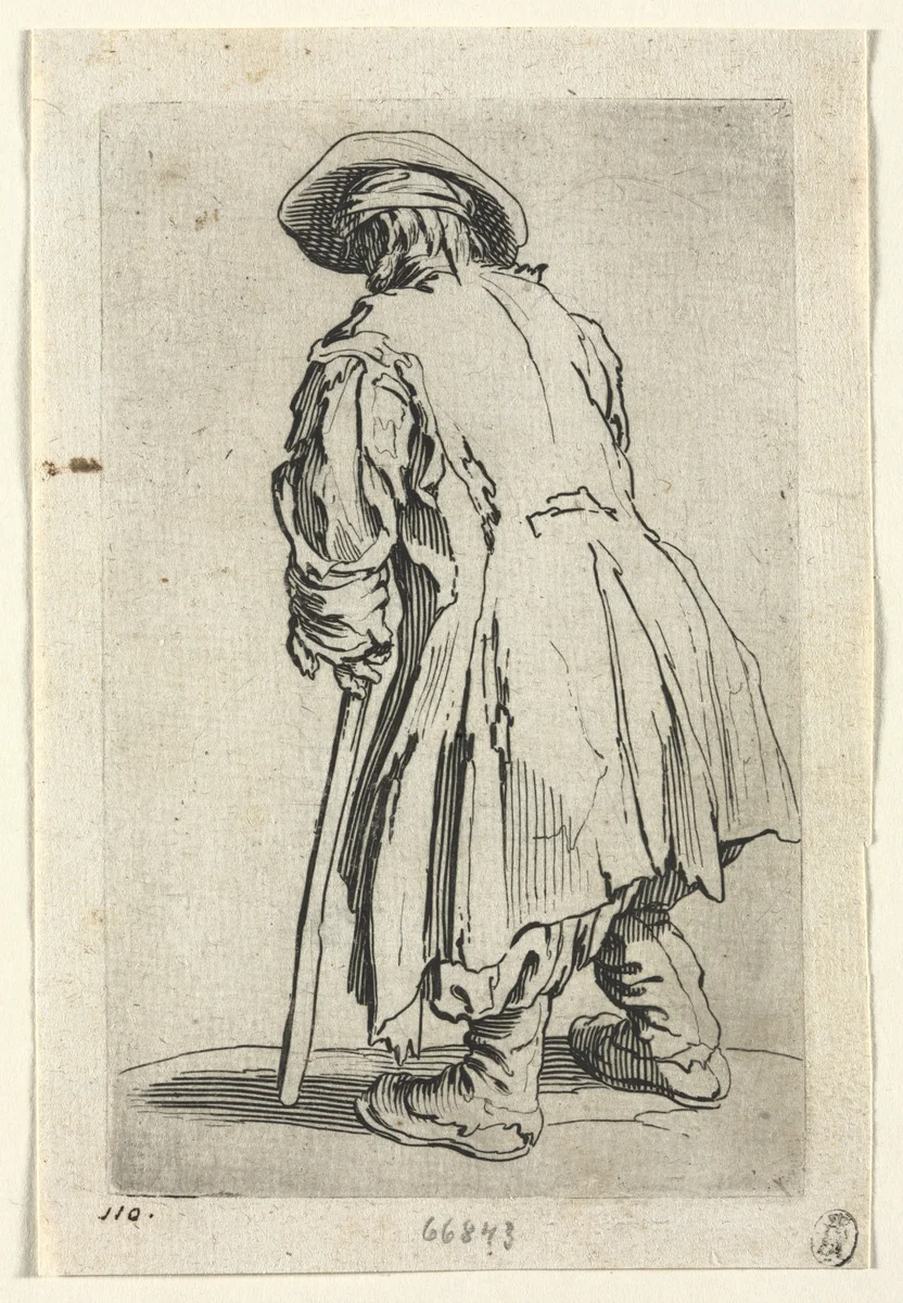 The Beggars: Old Beggar on One Single Crutch by Jacques Callot, print, 1619-1627