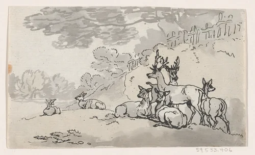 Deer (from Plate 3, Outlines of Figures, Landscapes and Cattle...for the Use of Learners) by Thomas Rowlandson, print, 1790
