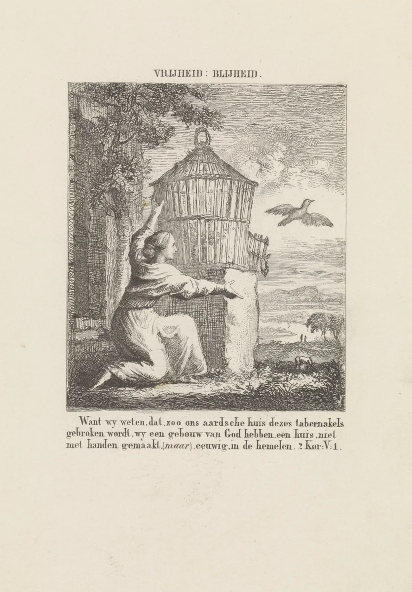 Vrouw bevrijdt vogel uit kooi by Geertruida Margaretha Jacoba Huidekoper, print, 1839-1884