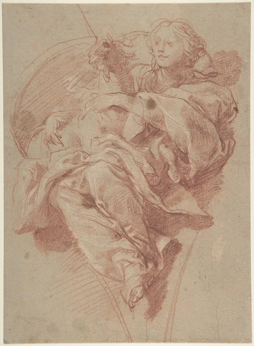 Allegorical Figure of Purity with a Unicorn (recto); Study for Drapery (verso) by Baldassarre Franceschini, drawing, 1650