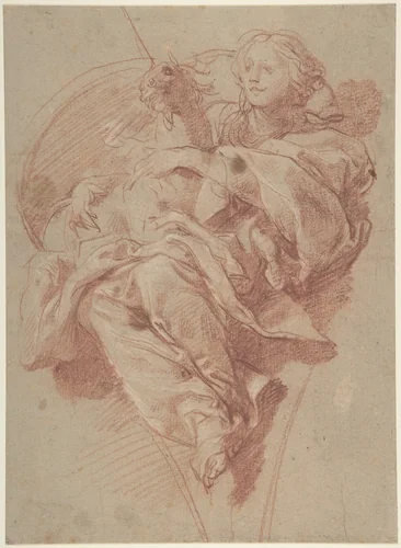 Allegorical Figure of Purity with a Unicorn (recto); Study for Drapery (verso) by Baldassarre Franceschini, drawing, 1650