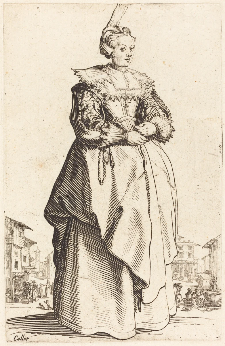 Noble Woman with a Small Hat by Jacques Callot, print, 1620-1623