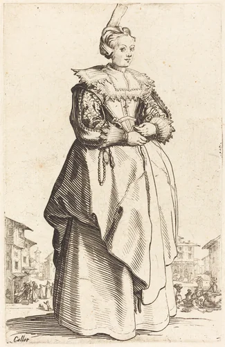 Noble Woman with a Small Hat by Jacques Callot, print, 1620-1623